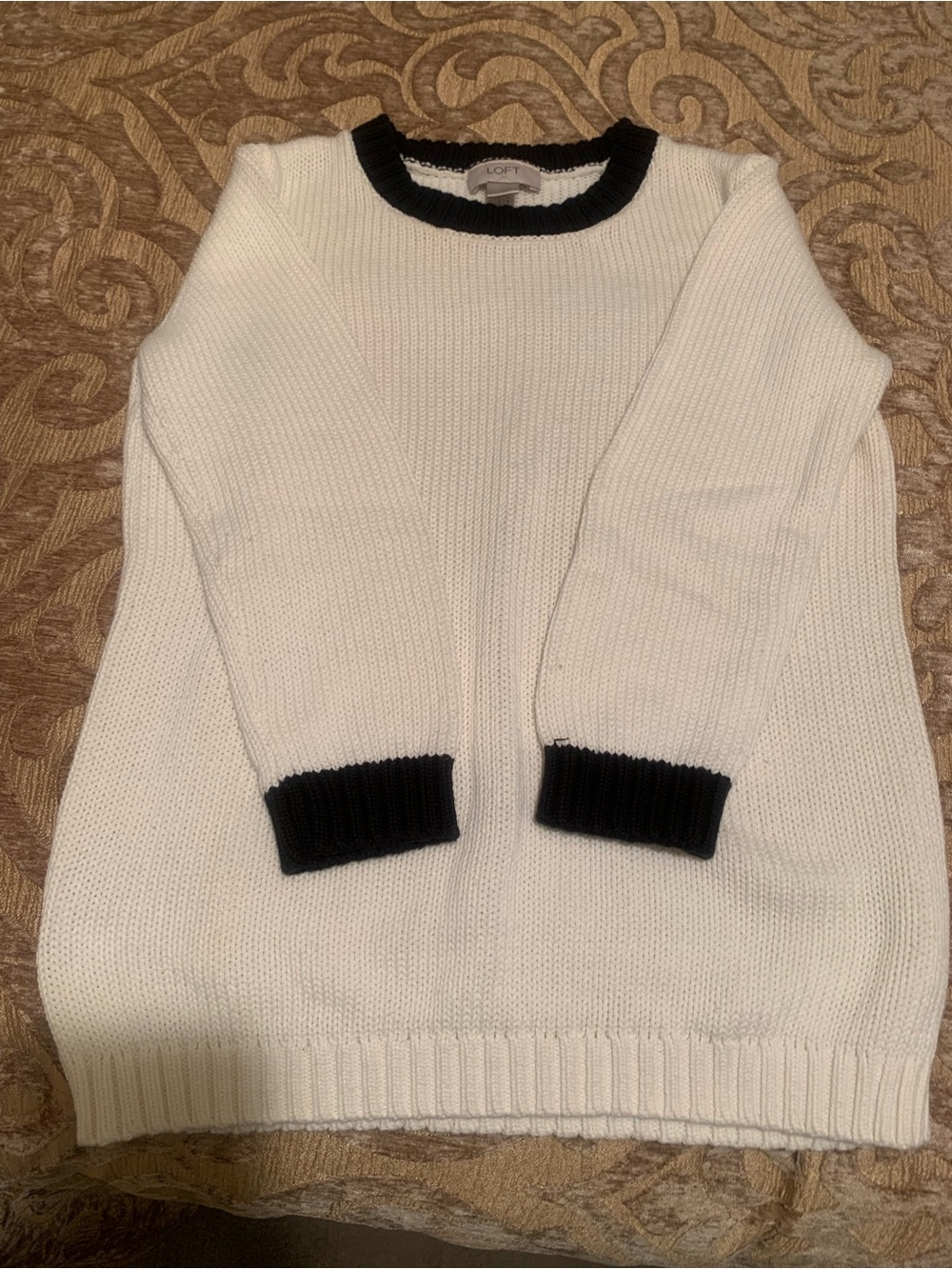 LOFT White Crewneck Sweater with Black Trim
